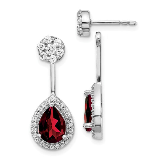 Solid 14k White Gold Simulated CZ Simulated/Pear Garnet Front/BacK Earrings