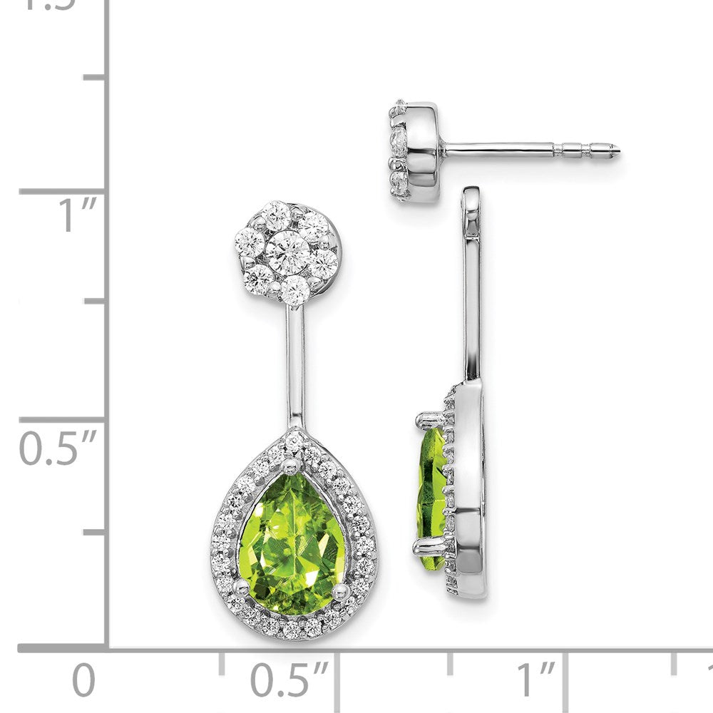 Solid 14k White Gold Simulated CZ Simulated/Pear Peridot Front/BacK Earrings