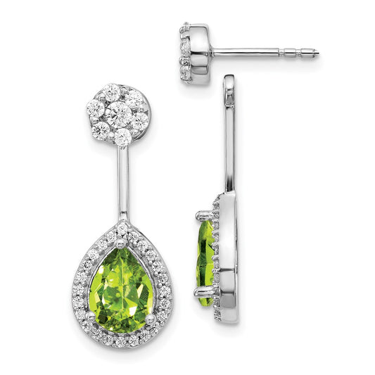 Solid 14k White Gold Simulated CZ Simulated/Pear Peridot Front/BacK Earrings