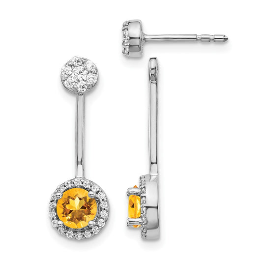 Solid 14k White Gold Simulated CZ Simulated/Simulated Citrine Front/BacK Earrings