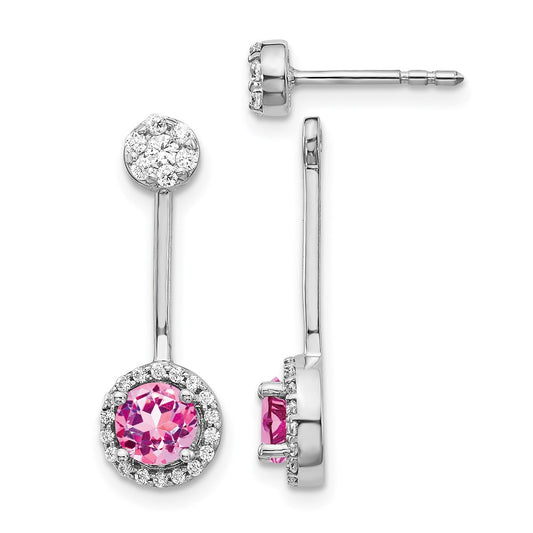 Solid 14k White Gold Simulated CZ & Created PinK Sapphire Earrings