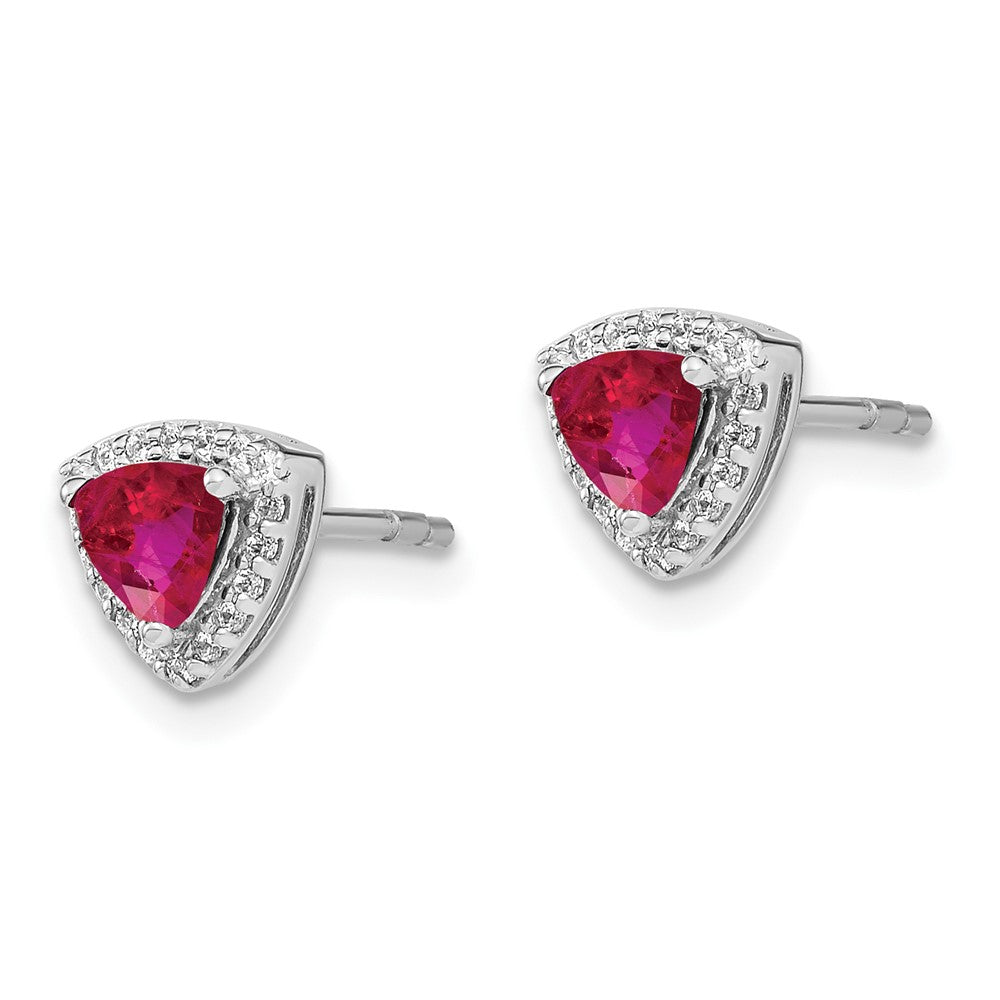 Solid 14k White Gold Trillion Simulated Ruby and CZ Halo Earrings