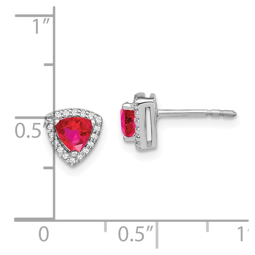 Solid 14k White Gold Trillion Simulated Ruby and CZ Halo Earrings