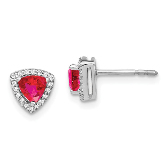 Solid 14k White Gold Trillion Simulated Ruby and CZ Halo Earrings