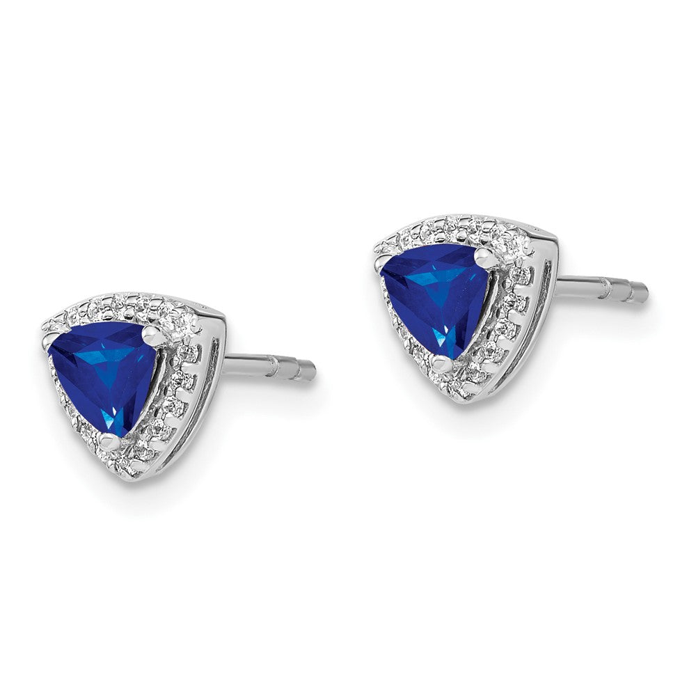 Solid 14k White Gold Trillion Simulated Sapphire and CZ Halo Earrings