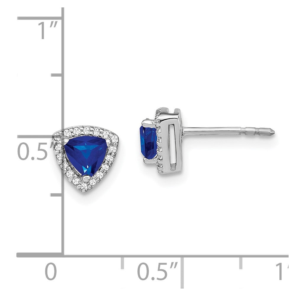 Solid 14k White Gold Trillion Simulated Sapphire and CZ Halo Earrings