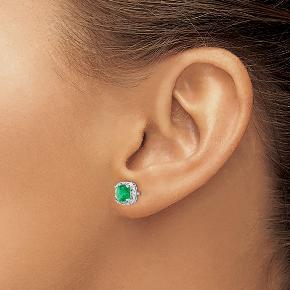 Solid 14k White Gold Cushion Simulated Emerald and CZ Halo Earrings