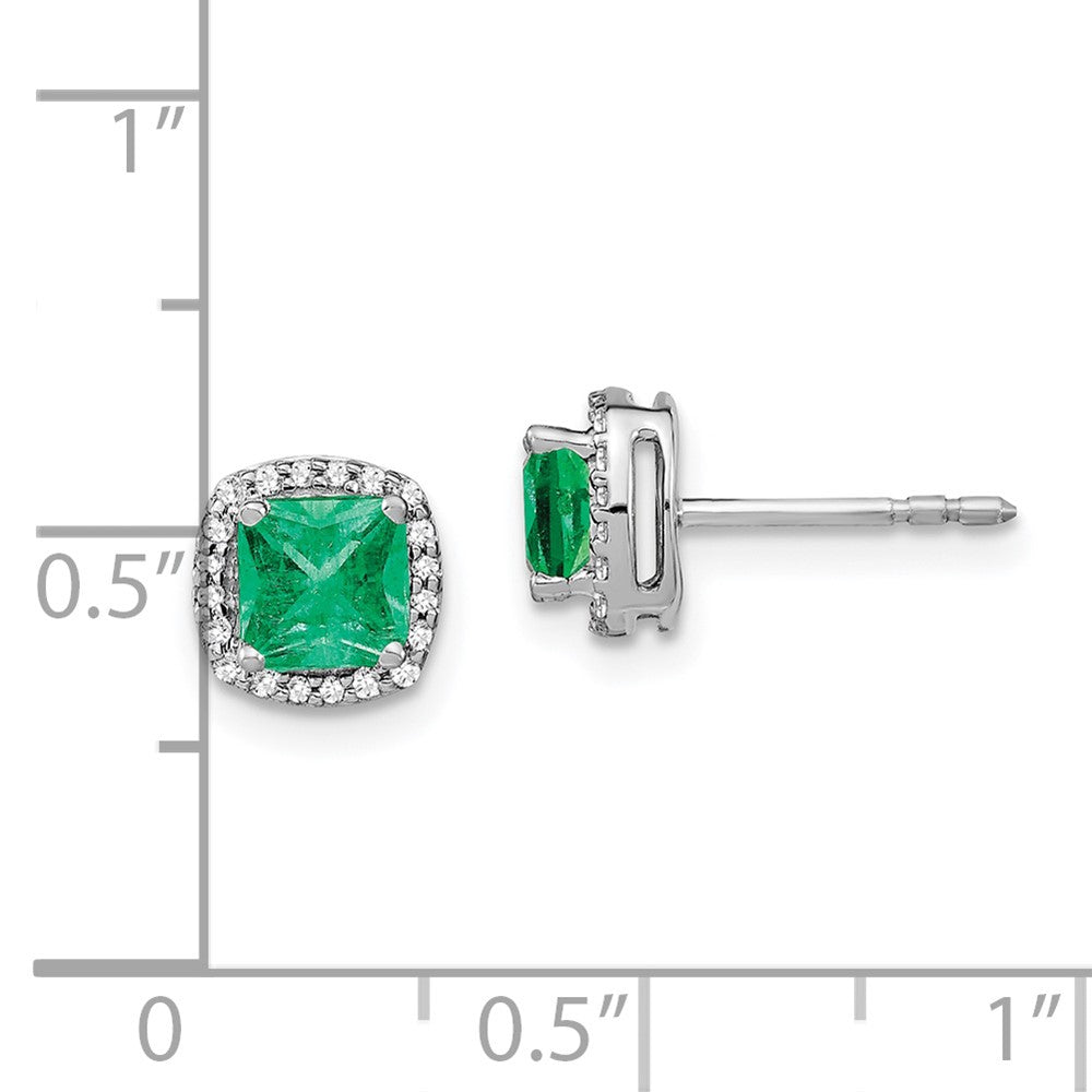 Solid 14k White Gold Cushion Simulated Emerald and CZ Halo Earrings