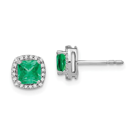 Solid 14k White Gold Cushion Simulated Emerald and CZ Halo Earrings