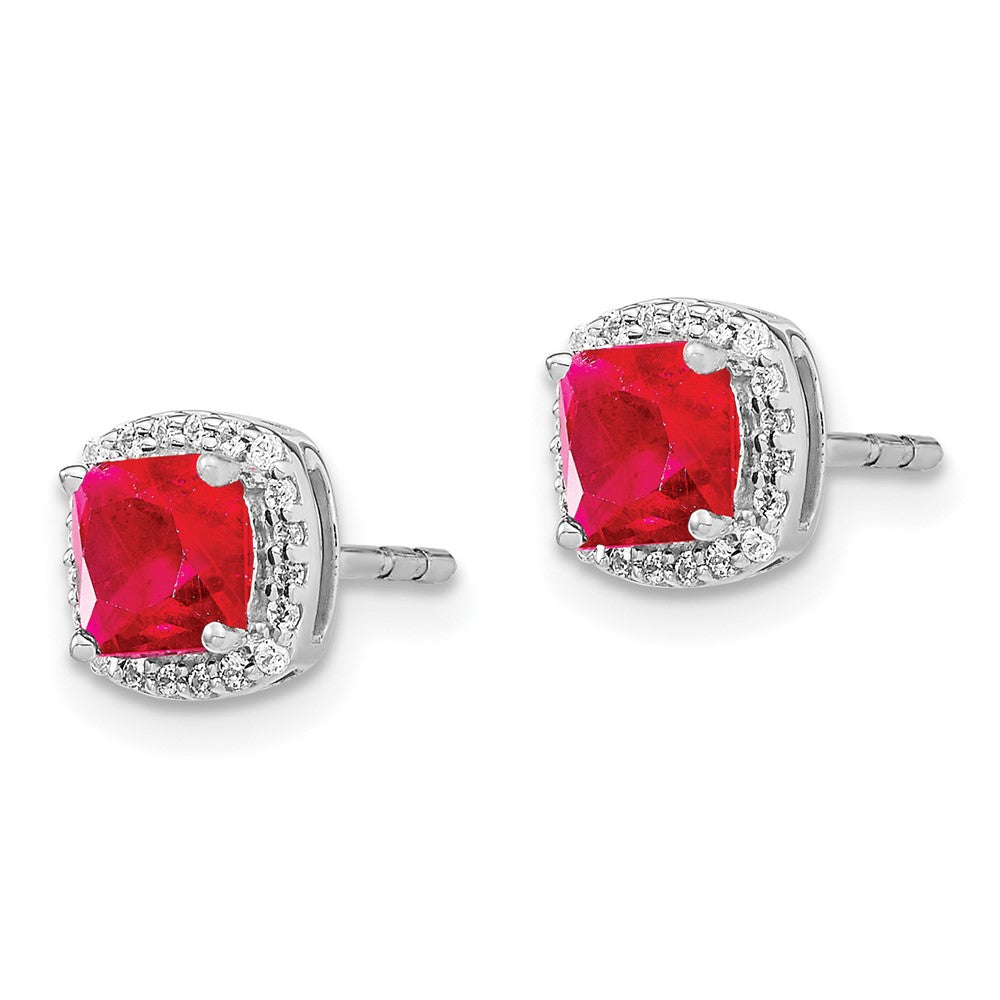 Solid 14k White Gold Cushion Simulated Ruby and CZ Halo Earrings