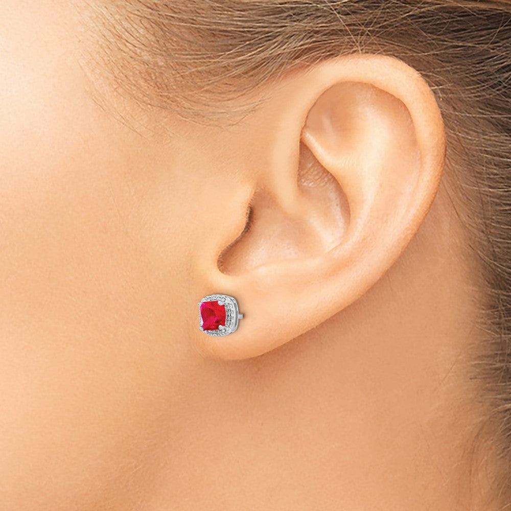 Solid 14k White Gold Cushion Simulated Ruby and CZ Halo Earrings