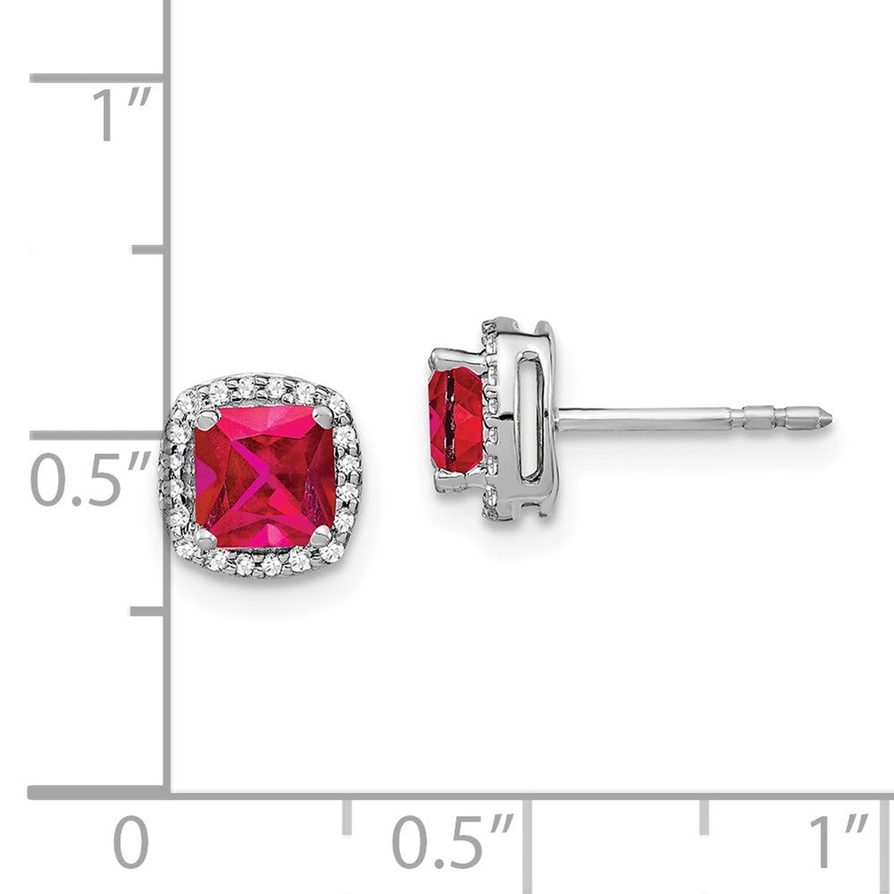 Solid 14k White Gold Cushion Simulated Ruby and CZ Halo Earrings