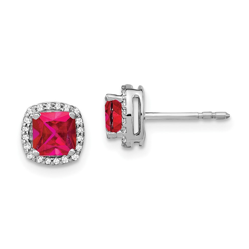 Solid 14k White Gold Cushion Simulated Ruby and CZ Halo Earrings