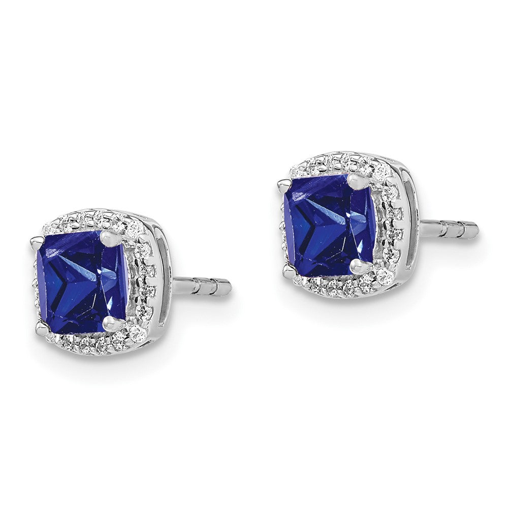 Solid 14k White Gold Cushion Simulated Sapphire and CZ Halo Earrings