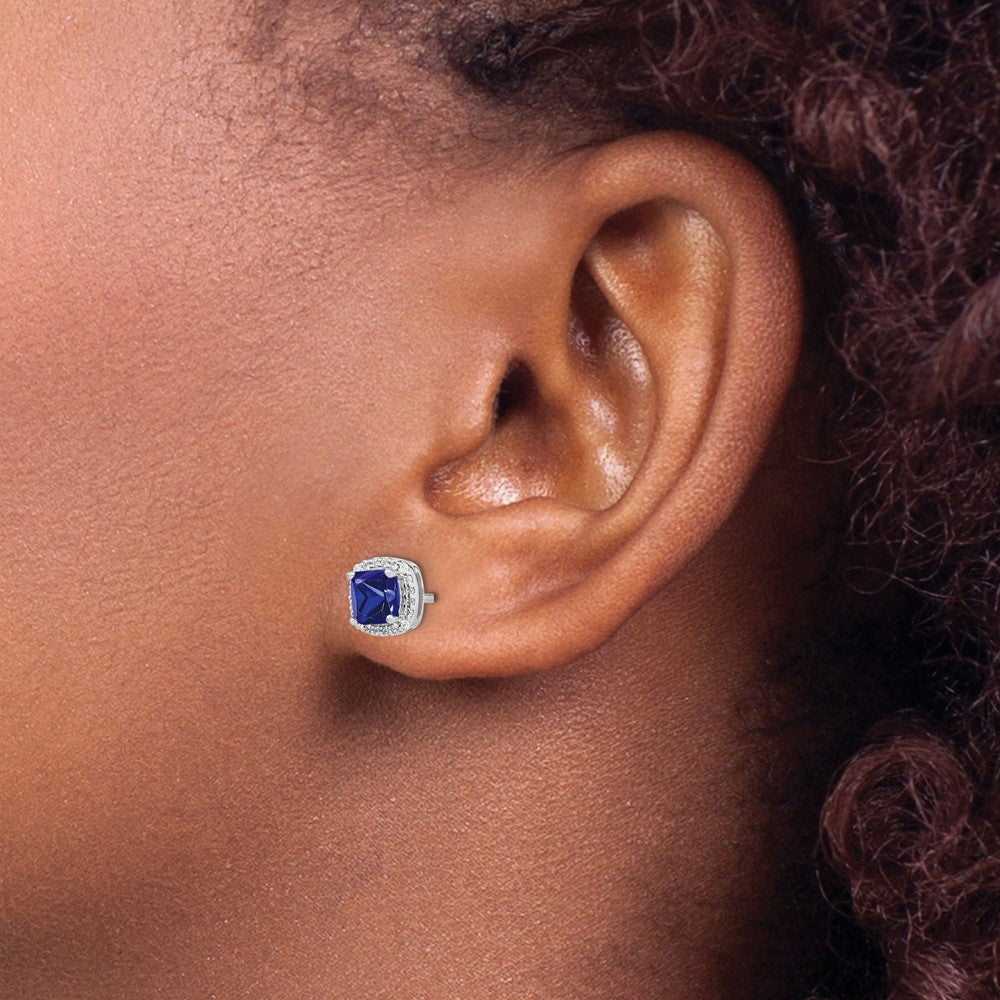 14k White Gold Cushion Sapphire and Real Diamond Halo Earrings