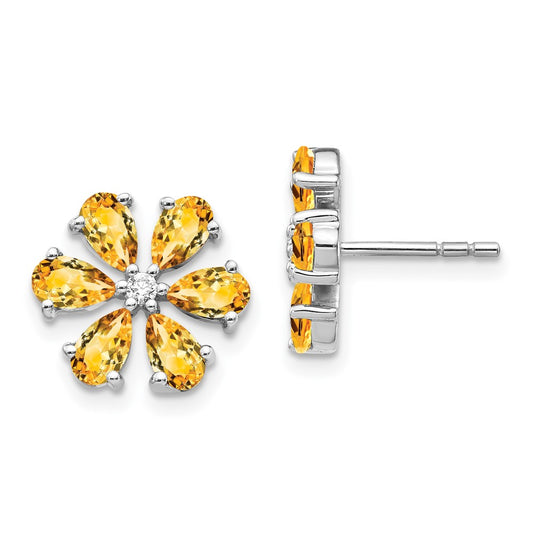 Solid 14k White Gold Simulated CZ Citrine Flower Earrings