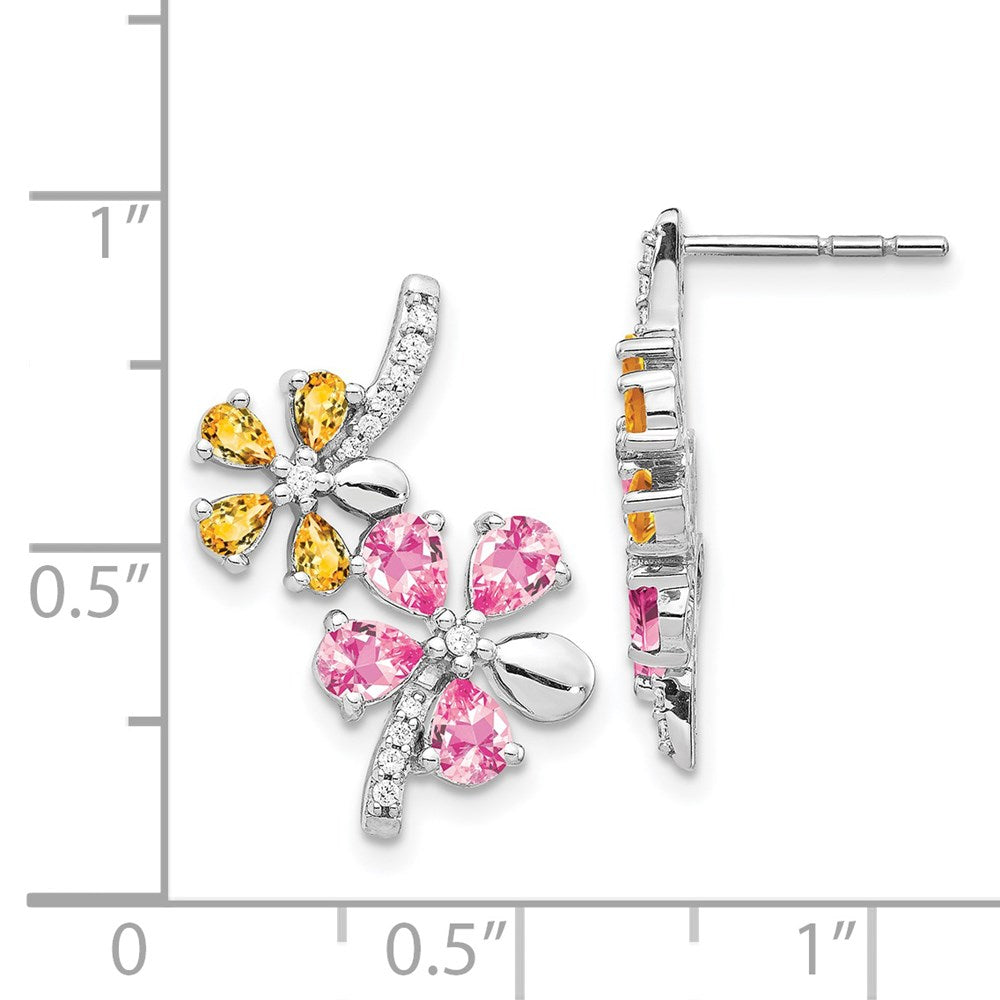 Solid 14k White Gold Simulated CZ Simulated/Simulated Citrine Pink Tourmaline Flower Earrings