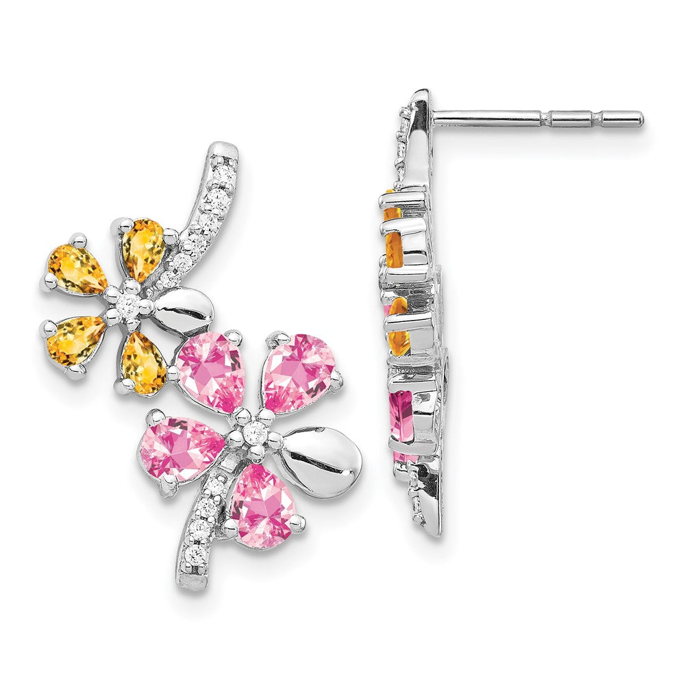 Solid 14k White Gold Simulated CZ Simulated/Simulated Citrine Pink Tourmaline Flower Earrings