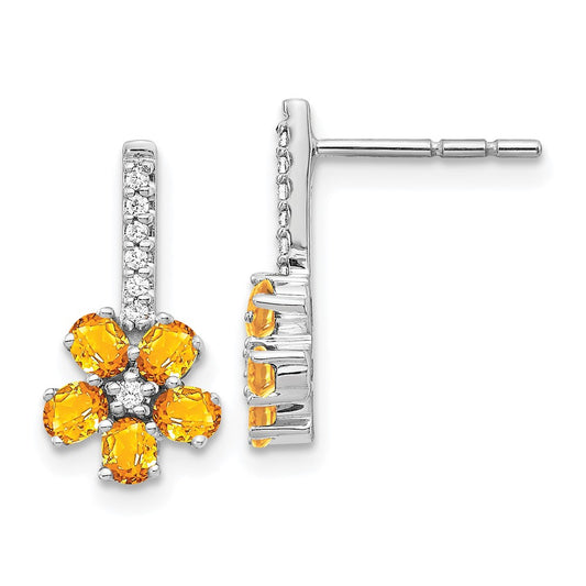 Solid 14k White Gold Simulated CZ Citrine Flower Earrings