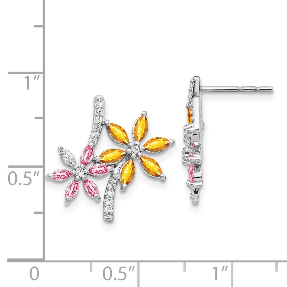 Solid 14k White Gold Simulated CZ Simulated/Simulated Citrine Pink Tourmaline Flower Earrings