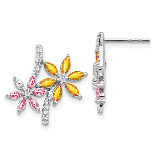 Solid 14k White Gold Simulated CZ Simulated/Simulated Citrine Pink Tourmaline Flower Earrings