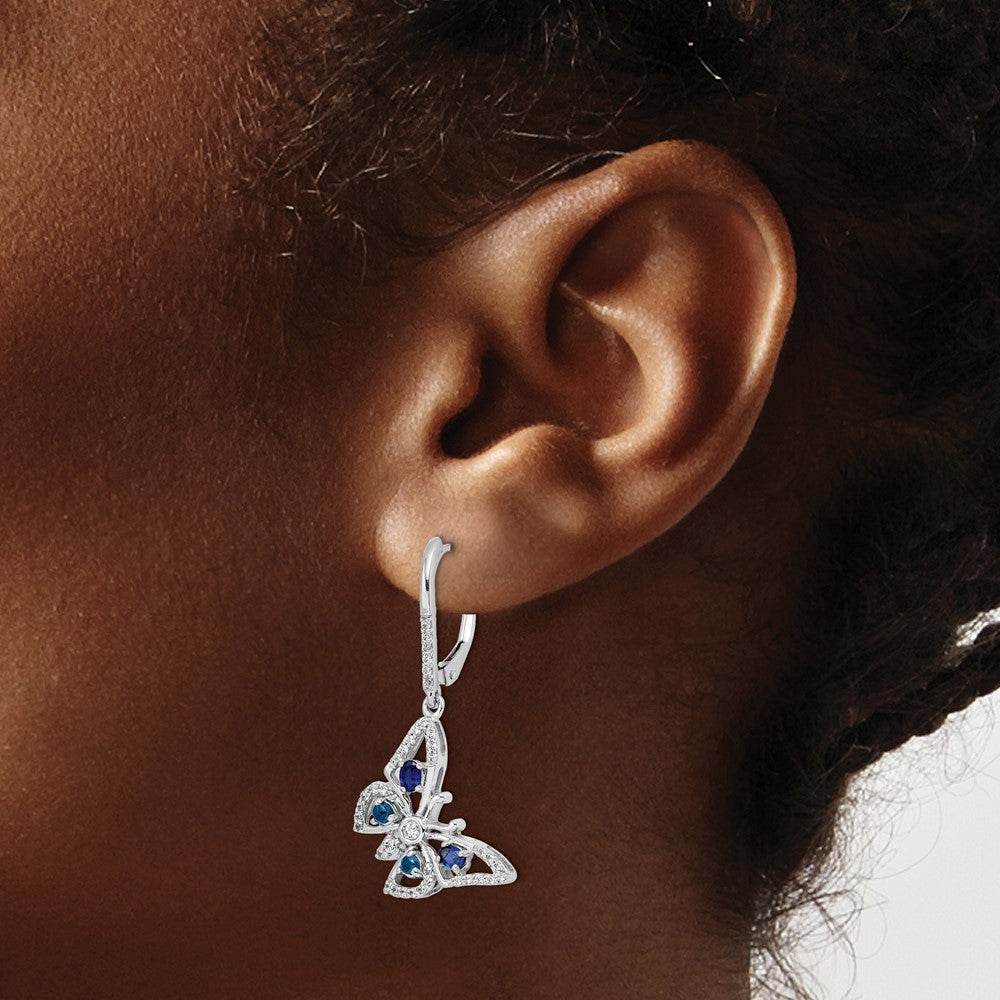 Solid 14k White Gold Simulated CZ Simulated/Simulated Sapphire Butterfly LeverbacK Earrings