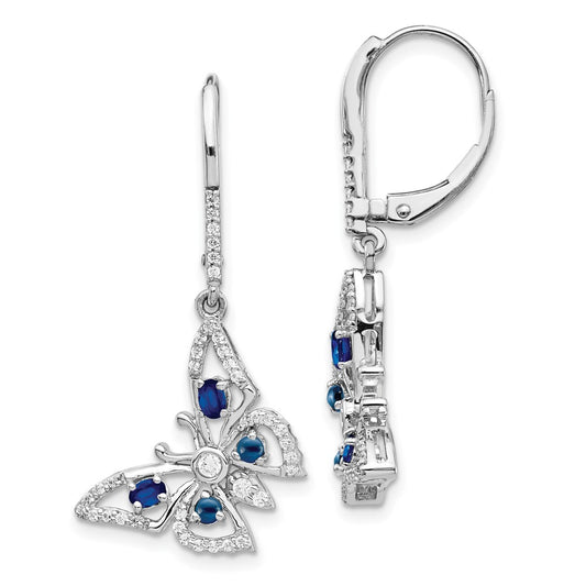 Solid 14k White Gold Simulated CZ Simulated/Simulated Sapphire Butterfly LeverbacK Earrings