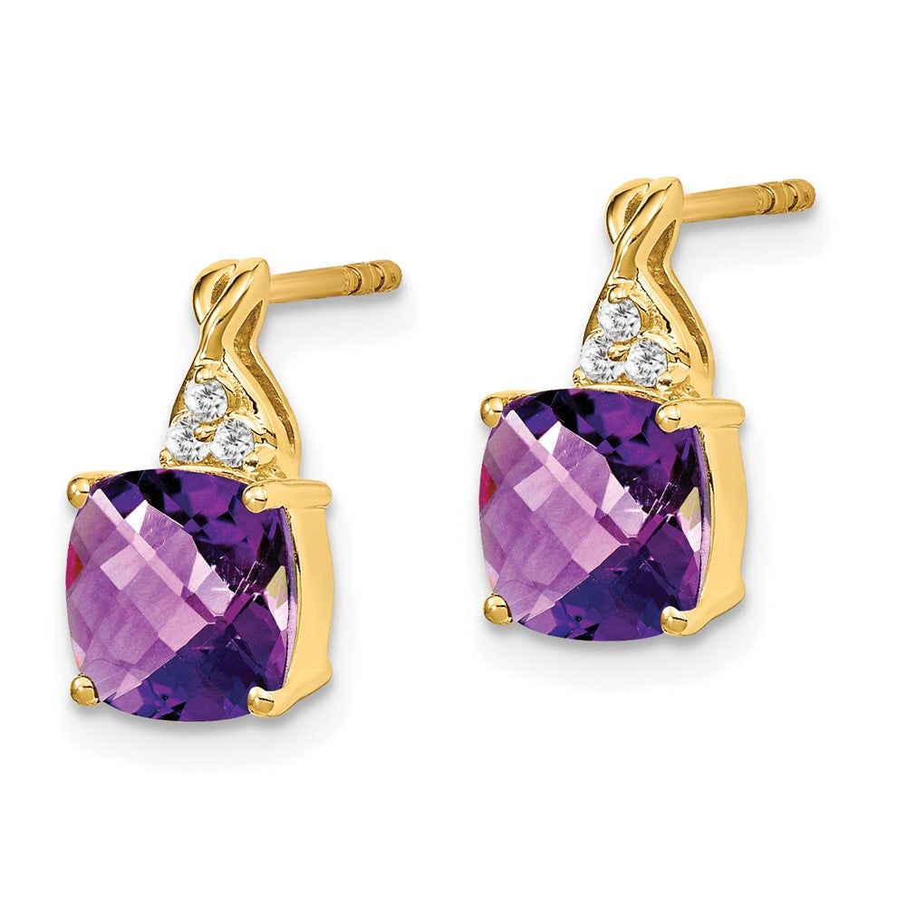 14k Yellow Gold Checkerboard Amethyst and Real Diamond Earrings