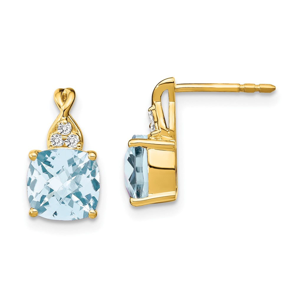 14k Yellow Gold Checkerboard Aquamarine and Real Diamond Earrings