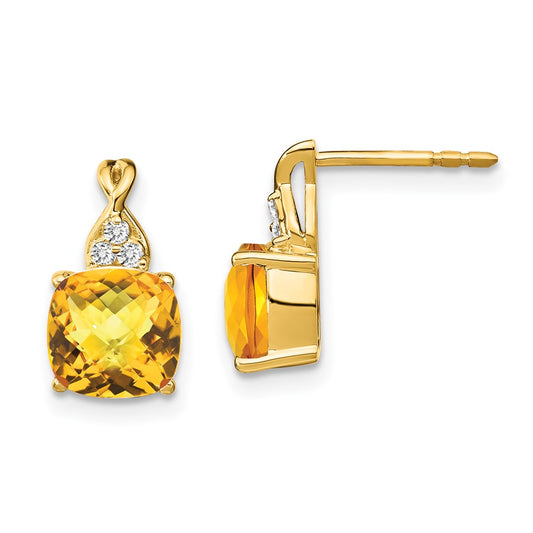 Solid 14k Yellow Gold ChecKerboard Simulated Citrine and CZ Earrings