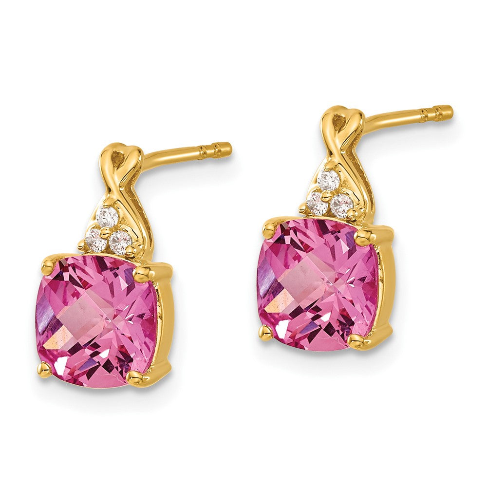 14k Yellow Gold Checkerboard Created Pink Sapphire and Real Diamond Earrings