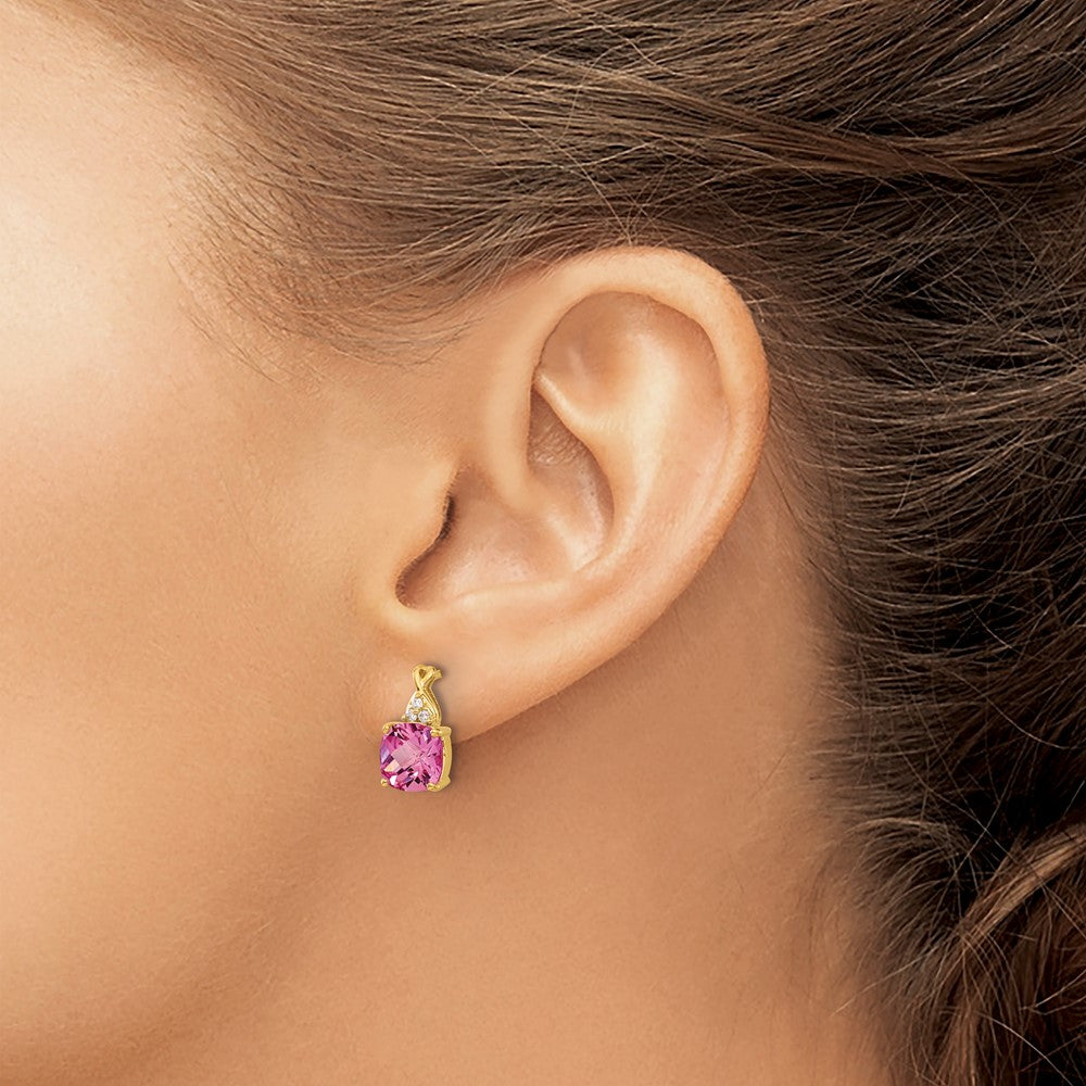 14k Yellow Gold Checkerboard Created Pink Sapphire and Real Diamond Earrings