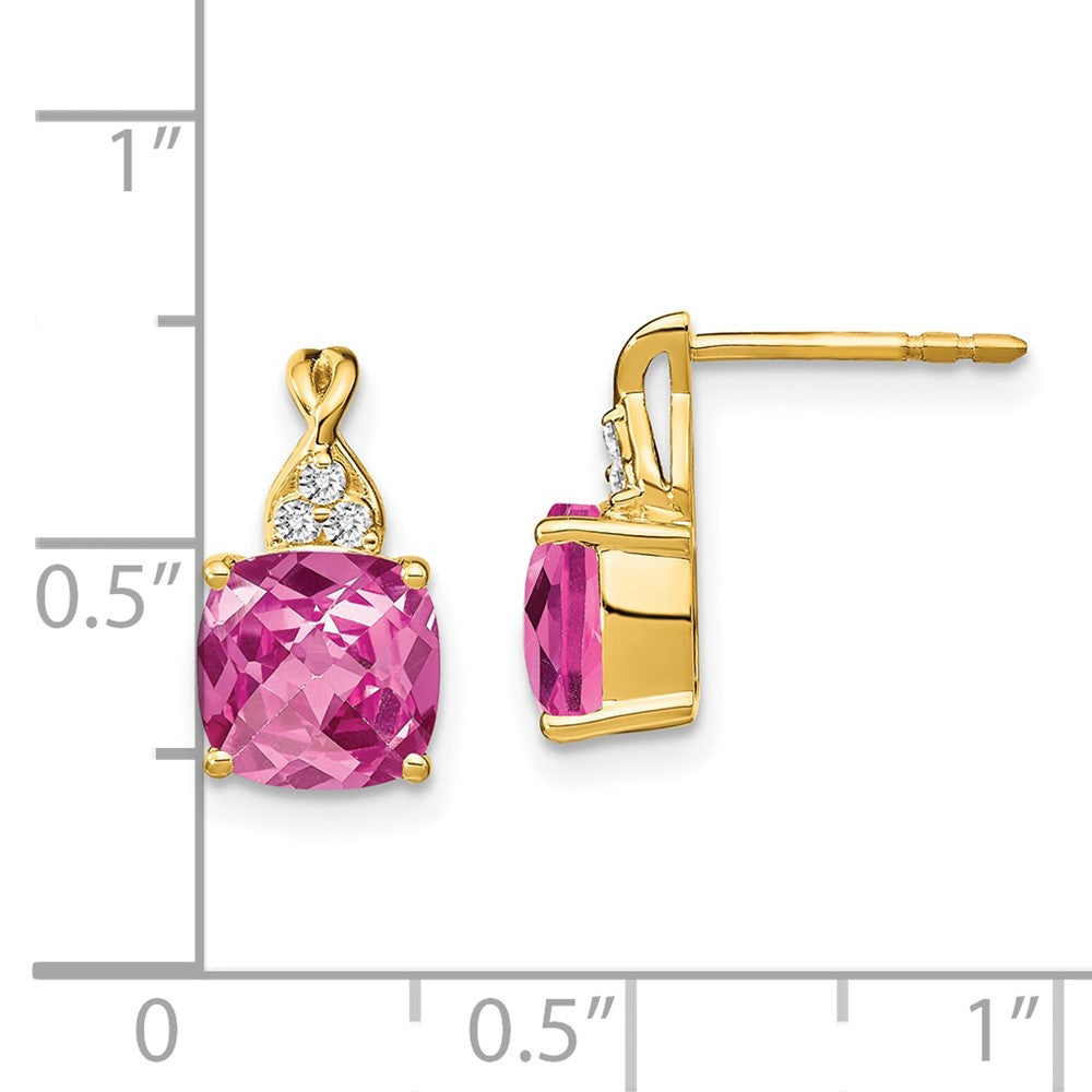 Solid 14k Yellow Gold ChecKerboard Created PinK Simulated Sapphire and CZ Earrings