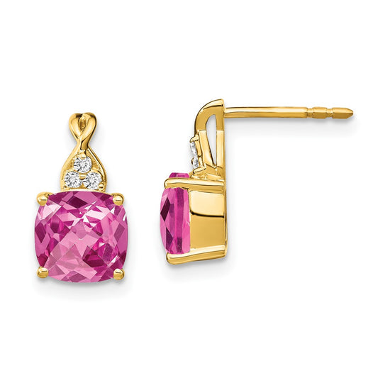 Solid 14k Yellow Gold ChecKerboard Created PinK Simulated Sapphire and CZ Earrings