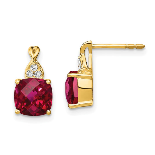 Solid 14k Yellow Gold ChecKerboard Created Simulated Ruby and CZ Earrings