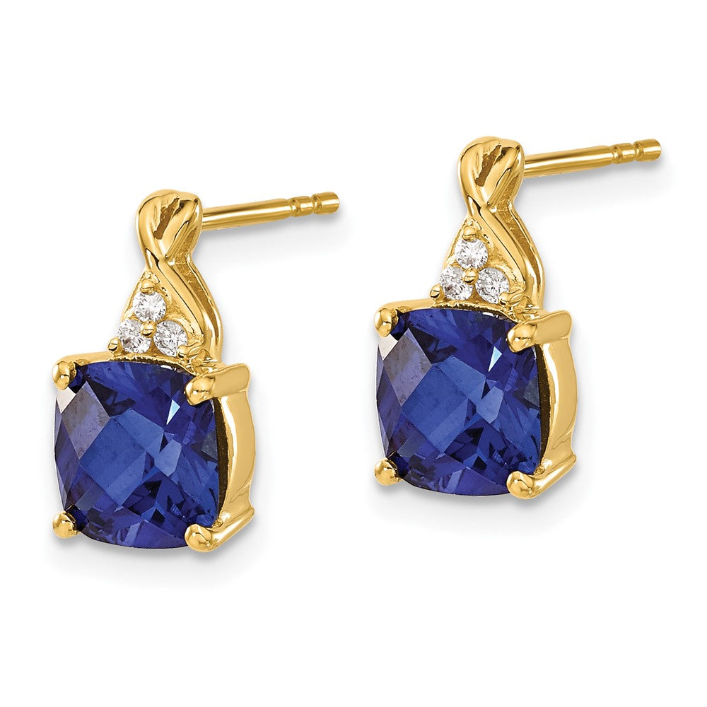 Solid 14k Yellow Gold ChecKerboard Created Simulated Sapphire and CZ Earrings