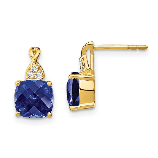 Solid 14k Yellow Gold ChecKerboard Created Simulated Sapphire and CZ Earrings