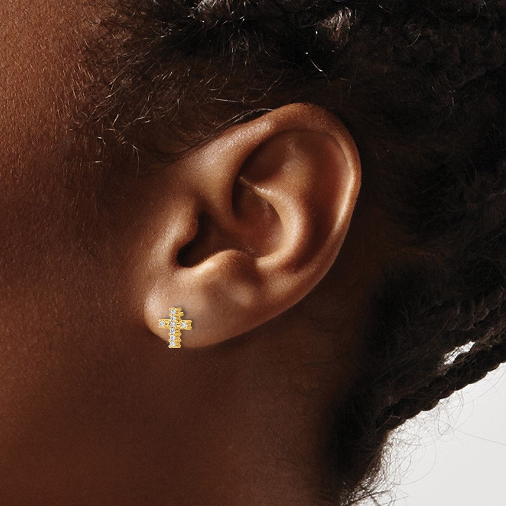 Solid 14k Yellow Gold Polished Simulated CZ Cross Post Earrings