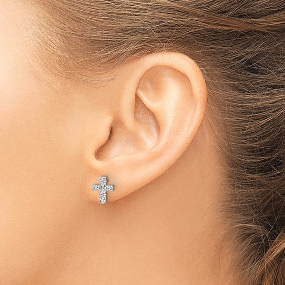 Solid 14k White Gold Polished Simulated CZ Cross Post Earrings