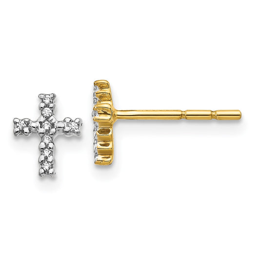 Solid 14k Yellow & Rhodium w/Rhodium Simulated CZ Cross Post Earrings