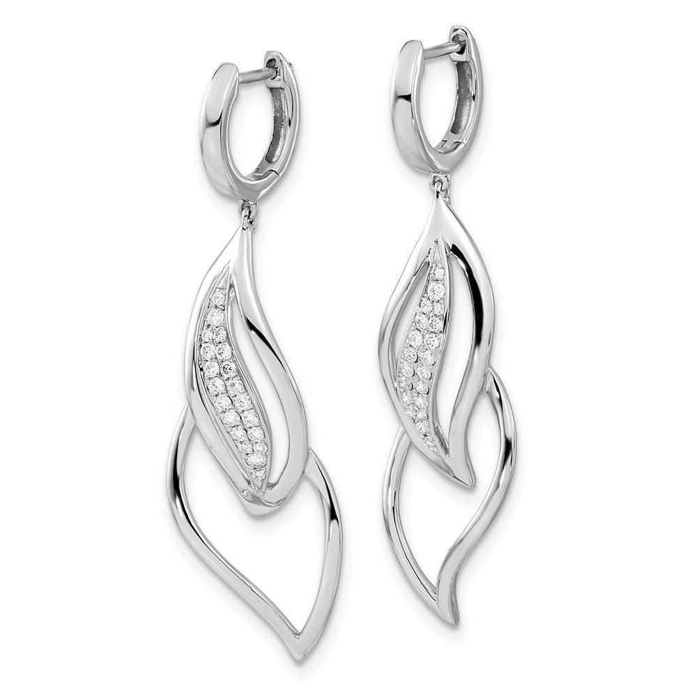 14k White Gold Real Diamond Hinged Hoop Leaf Design Dangle Earrings