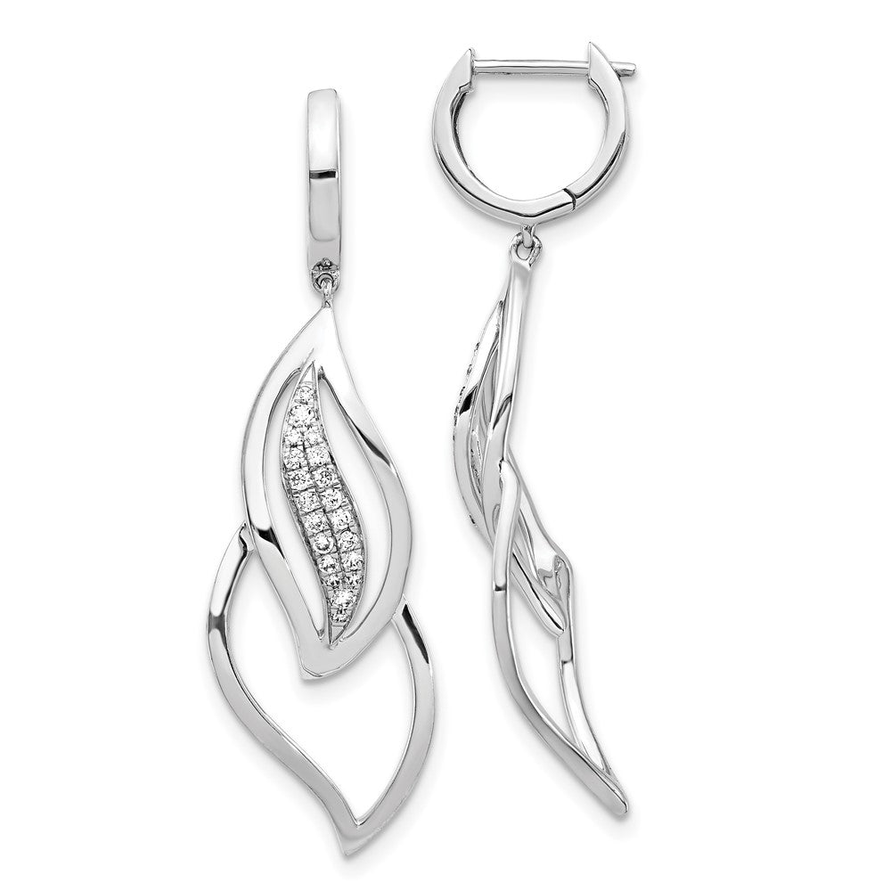 14k White Gold Real Diamond Hinged Hoop Leaf Design Dangle Earrings