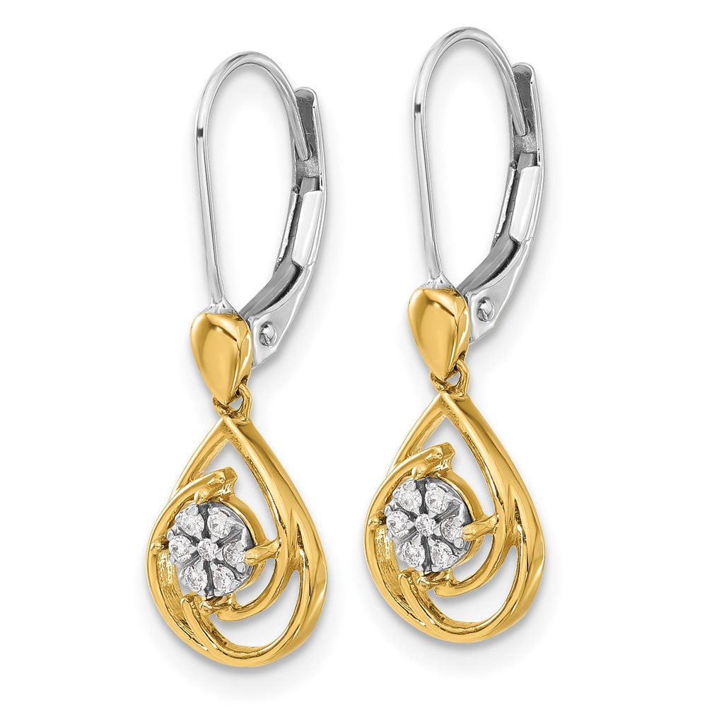 14k Yellow Gold Two-tone Real Diamond Teardrop Dangle Leverback Earrings