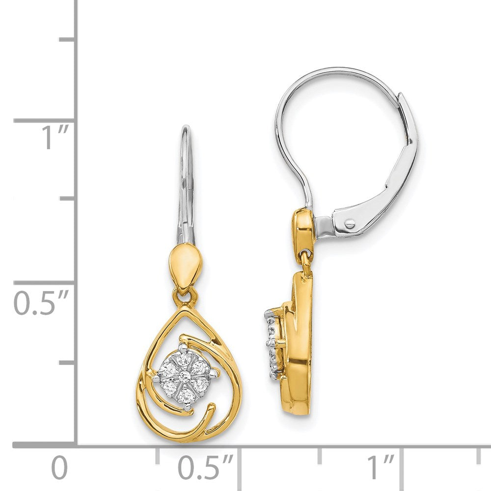 14k Yellow Gold Two-tone Real Diamond Teardrop Dangle Leverback Earrings