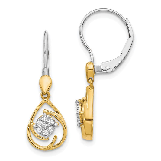 Solid 14k Two-tone Simulated CZ Teardrop Dangle LeverbacK Earrings