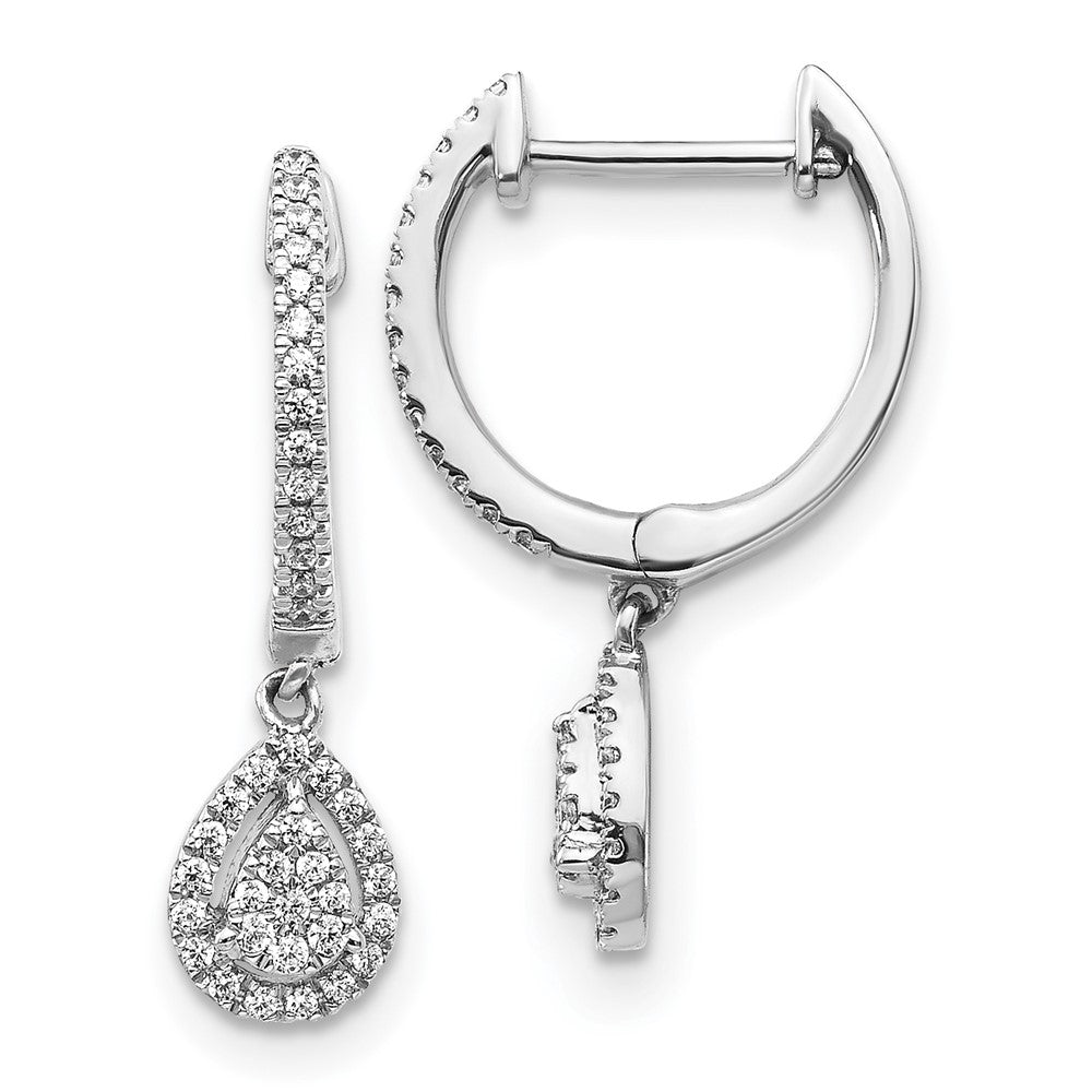 Solid 14k White Gold Simulated CZ Teardrop Hinged Hoop Earrings