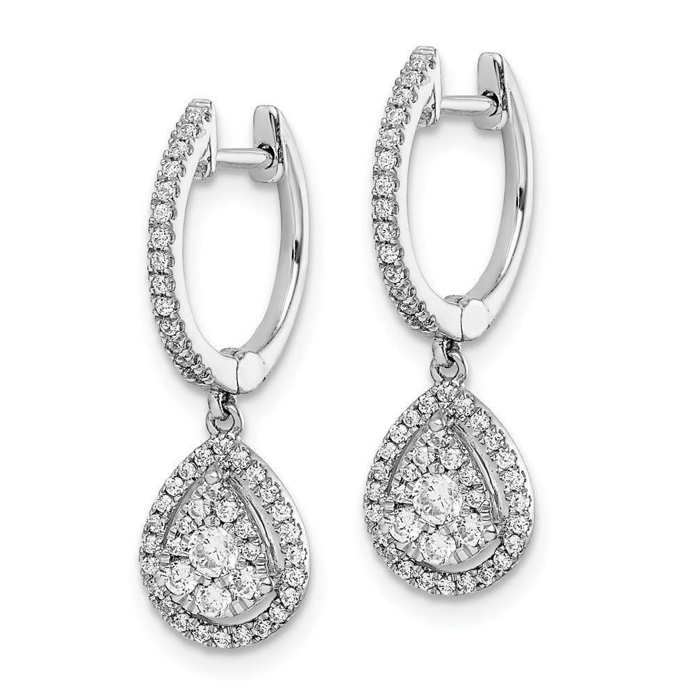 Solid 14k White Gold Simulated CZ Teardrop Hinged Hoop Earrings