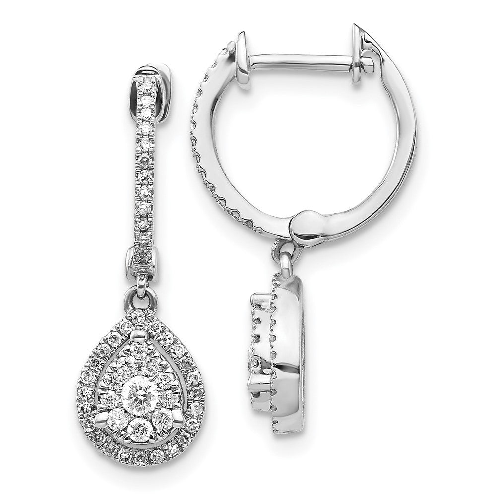 Solid 14k White Gold Simulated CZ Teardrop Hinged Hoop Earrings