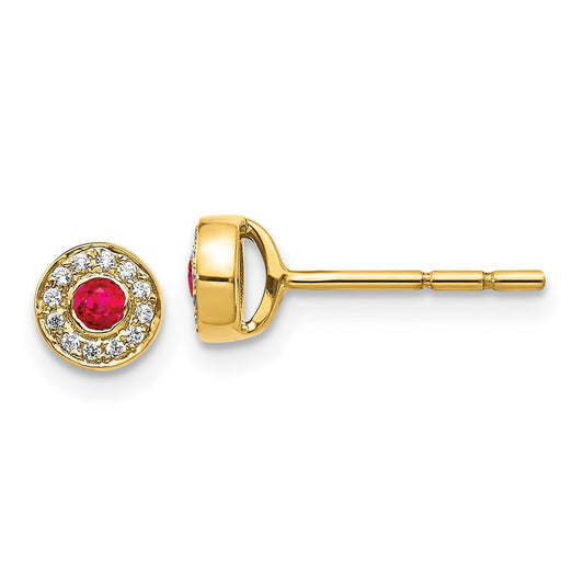 Solid 14k Yellow Gold Simulated CZ and Ruby Halo Post Earrings