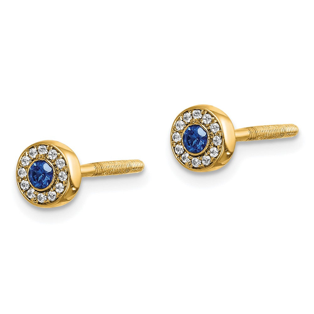 Solid 14k Yellow Gold Simulated CZ and Sapphire Halo Post Earrings